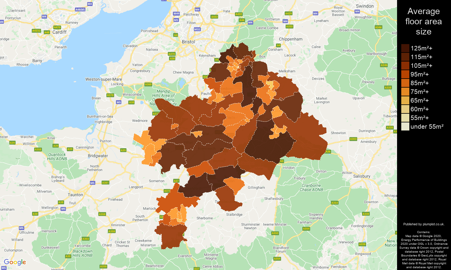 Bath map of average floor area size of properties