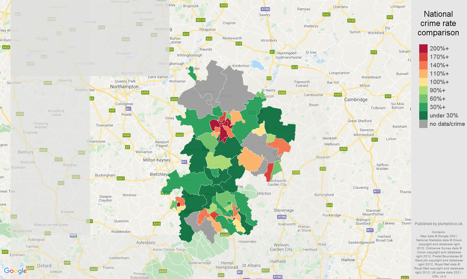 Bedfordshire bicycle theft crime rate comparison map