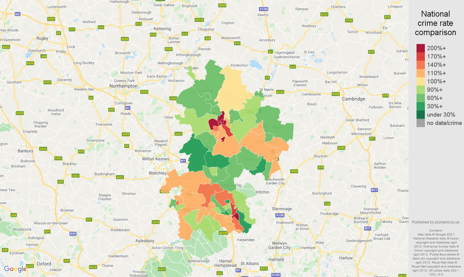 Bedfordshire burglary crime rate comparison map