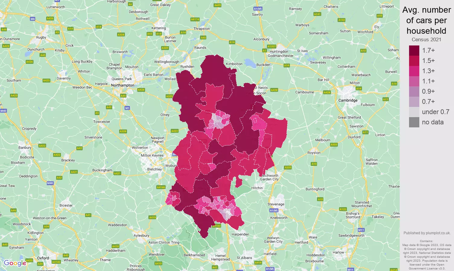 Bedfordshire cars per household map