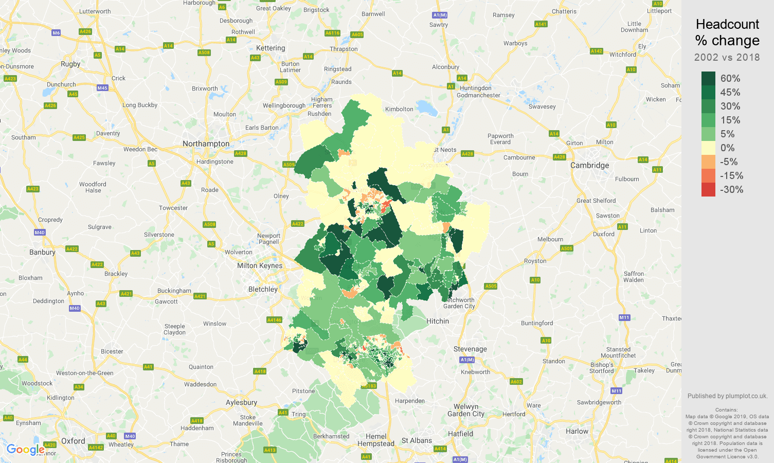 Bedfordshire headcount change map