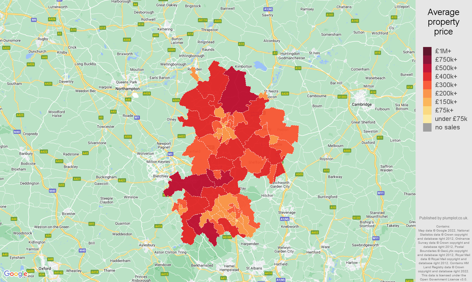 Bedfordshire house prices map