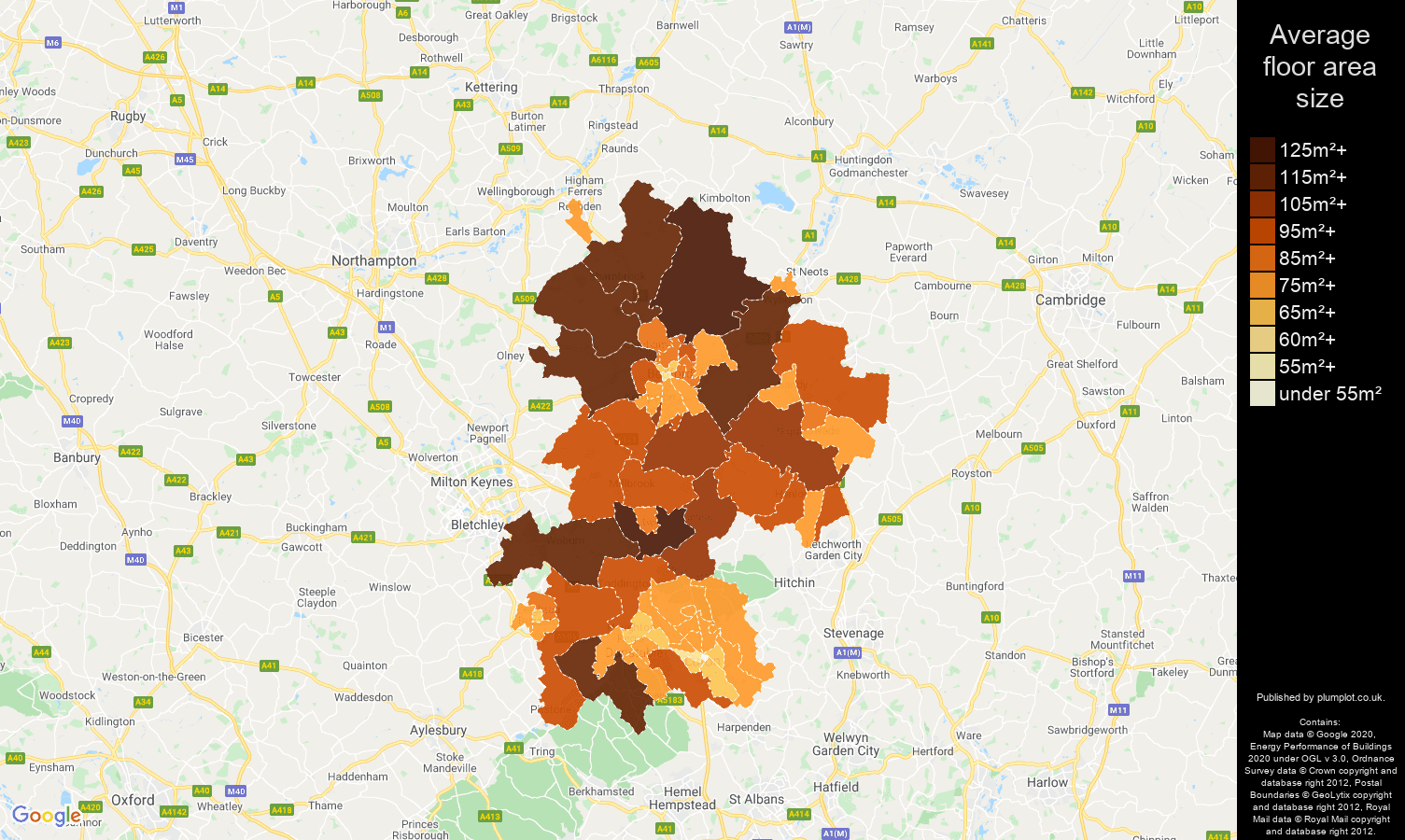 Bedfordshire map of average floor area size of properties