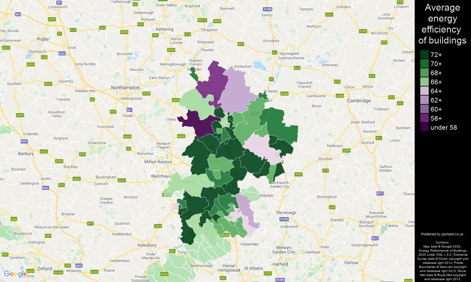 Bedfordshire map of energy efficiency of flats