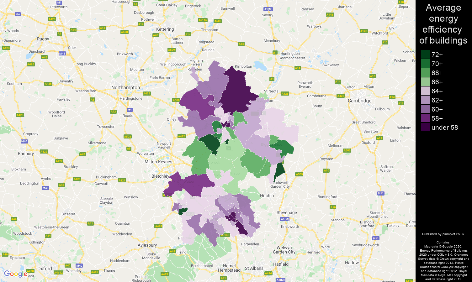 Bedfordshire map of energy efficiency of houses