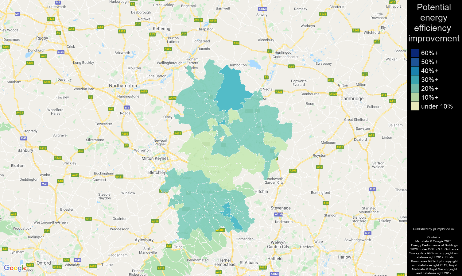Bedfordshire map of potential energy efficiency improvement of houses