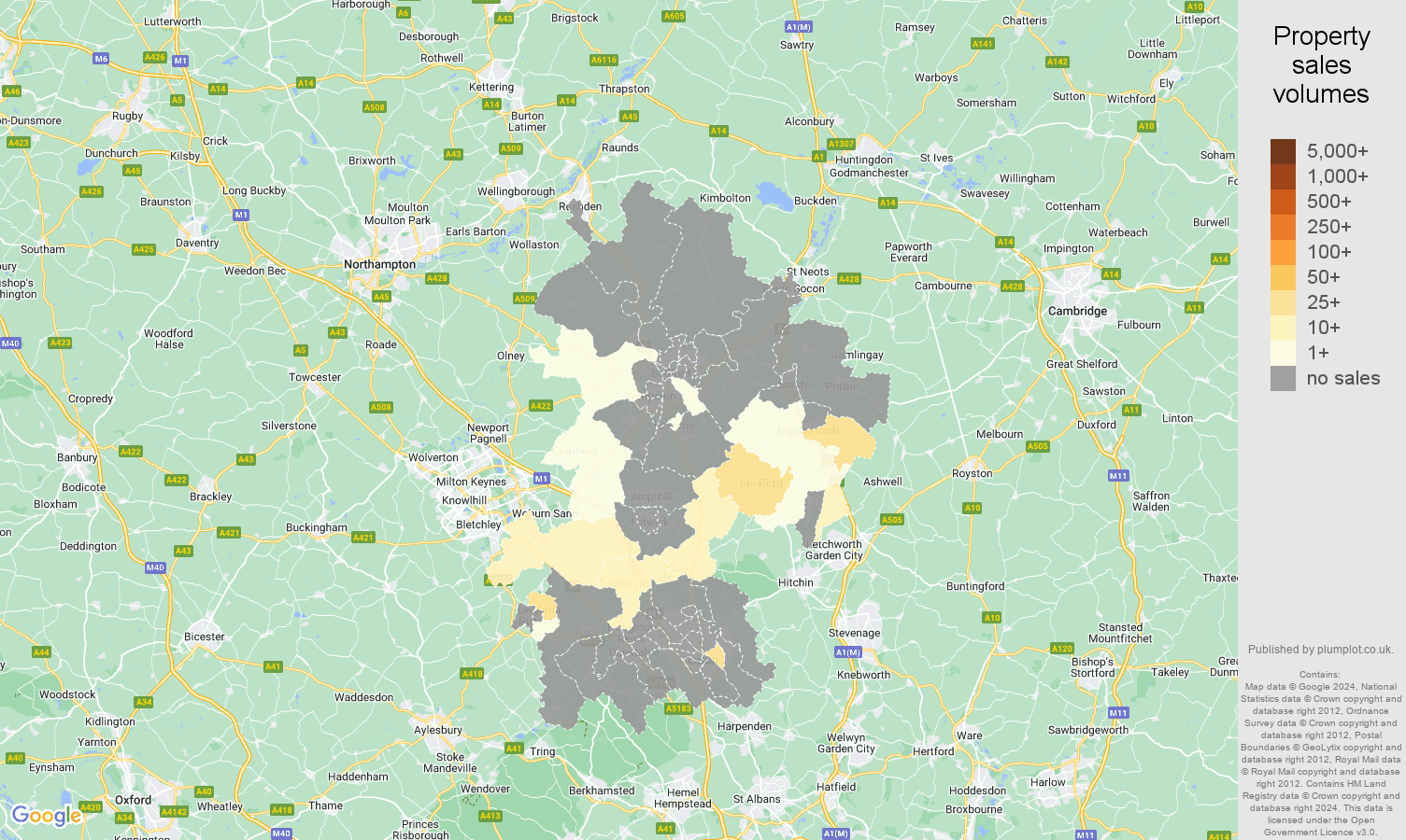 Bedfordshire map of sales of new properties