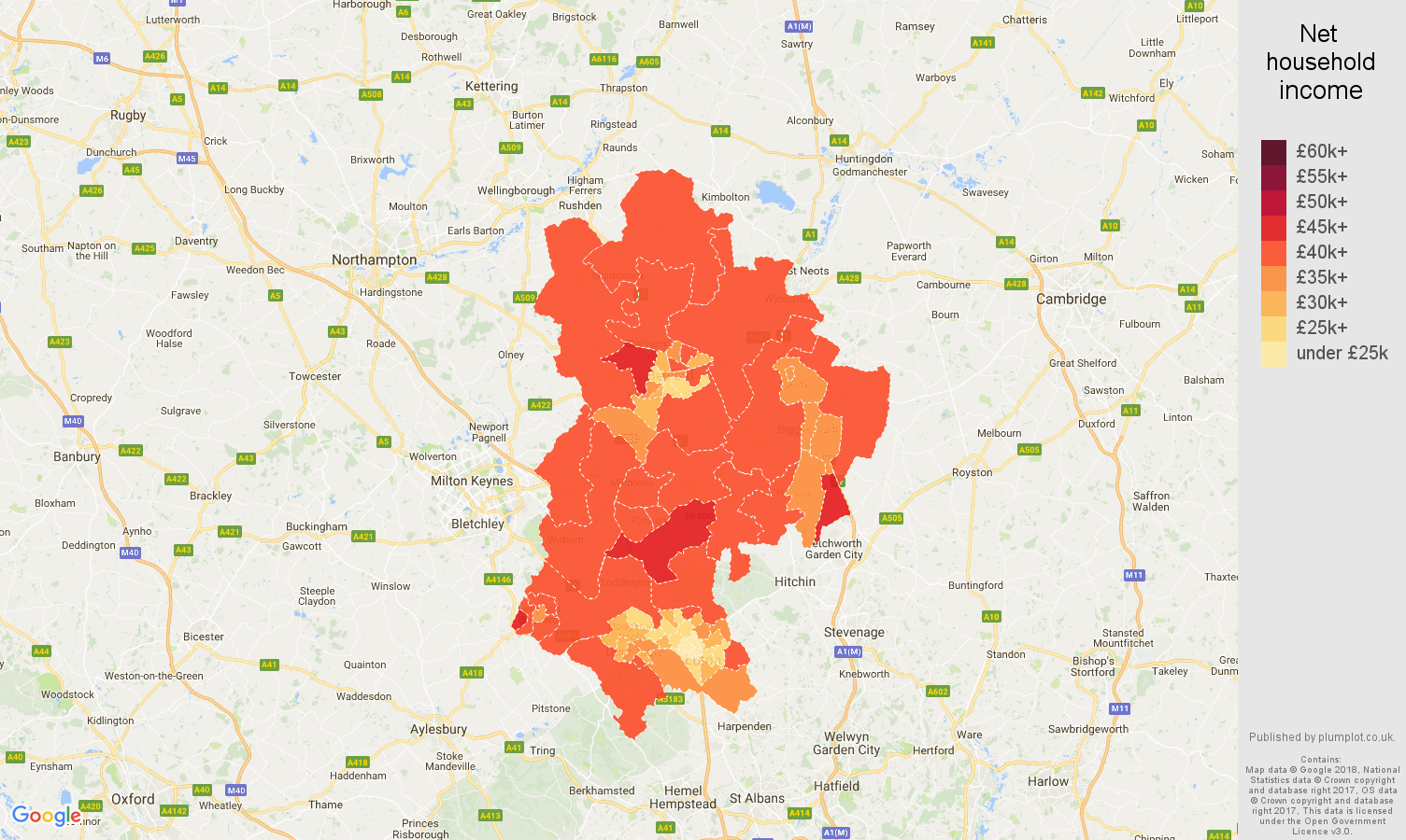 Bedfordshire net household income map