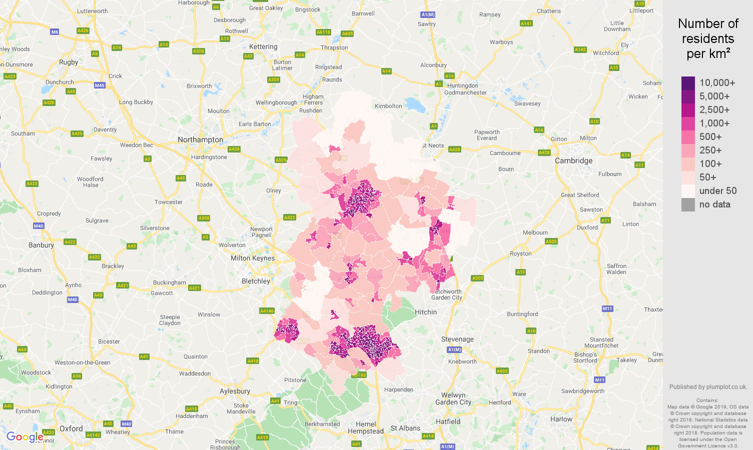 Bedfordshire population density map