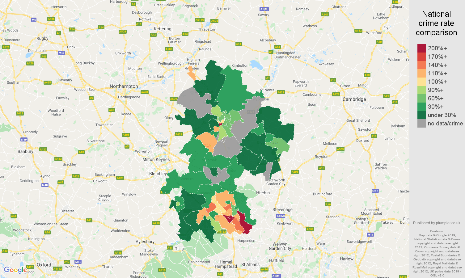 Bedfordshire possession of weapons crime rate comparison map