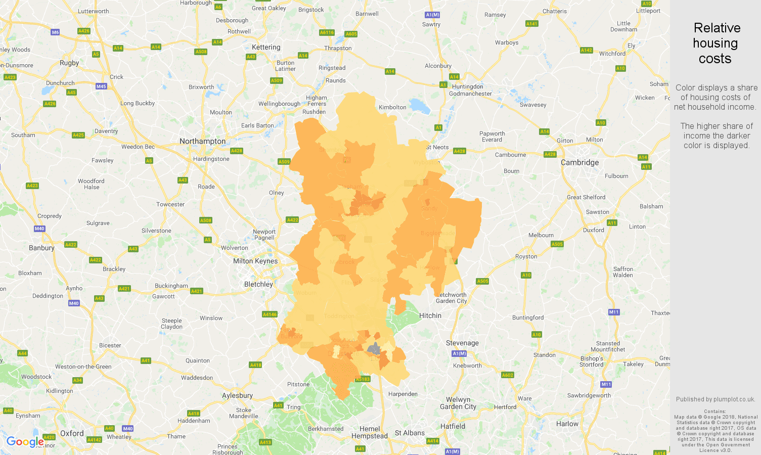 Bedfordshire relative housing costs map