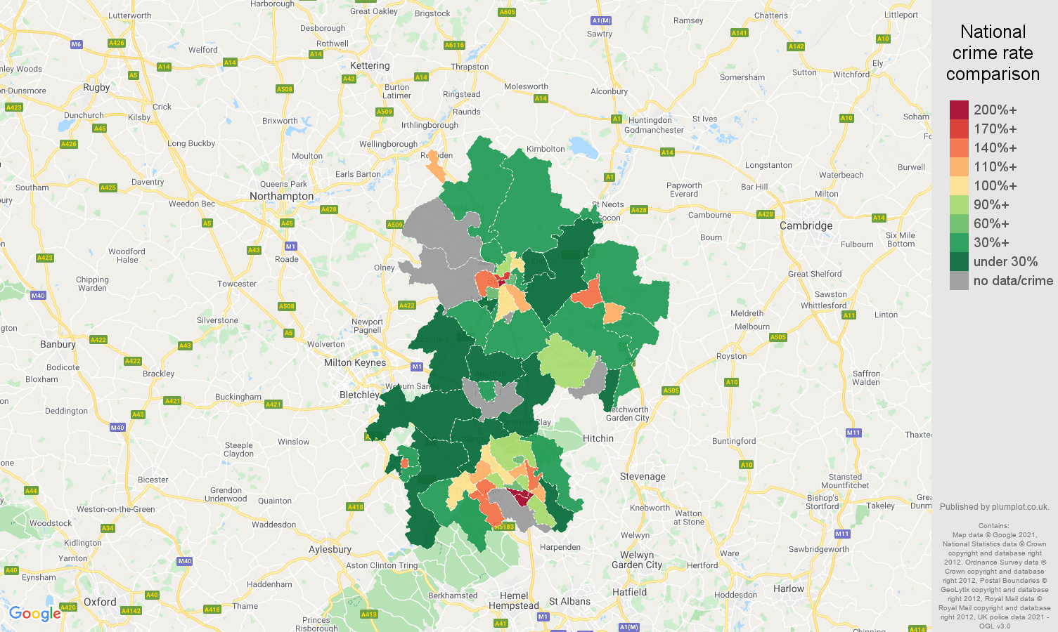 Bedfordshire robbery crime rate comparison map