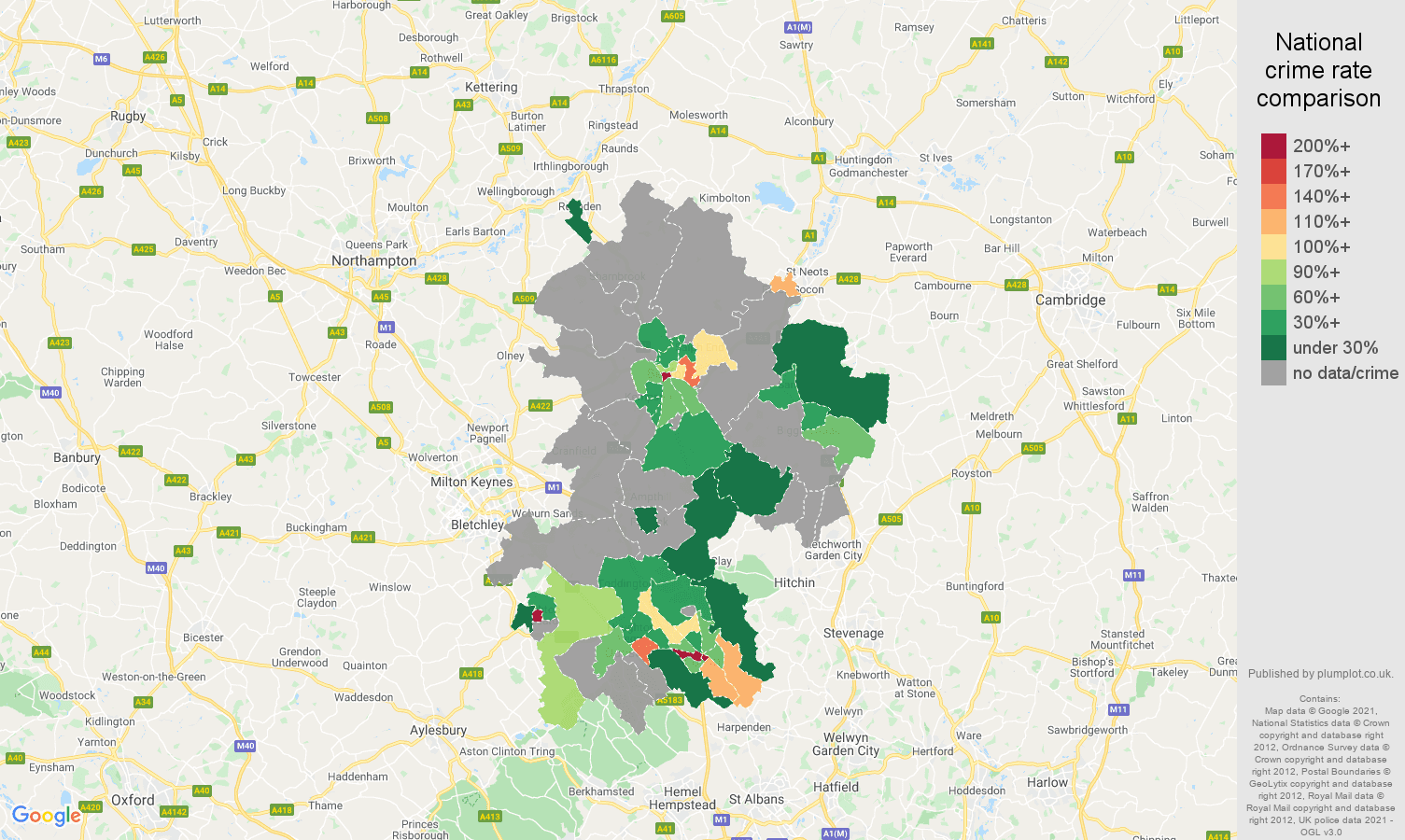 Bedfordshire theft from the person crime rate comparison map