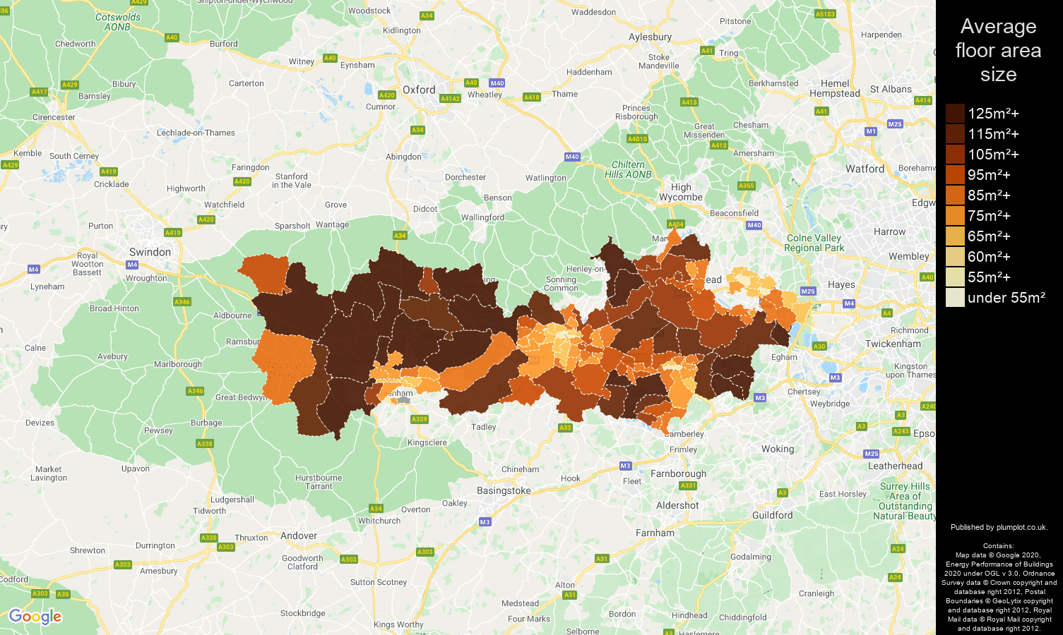 Berkshire map of average floor area size of properties