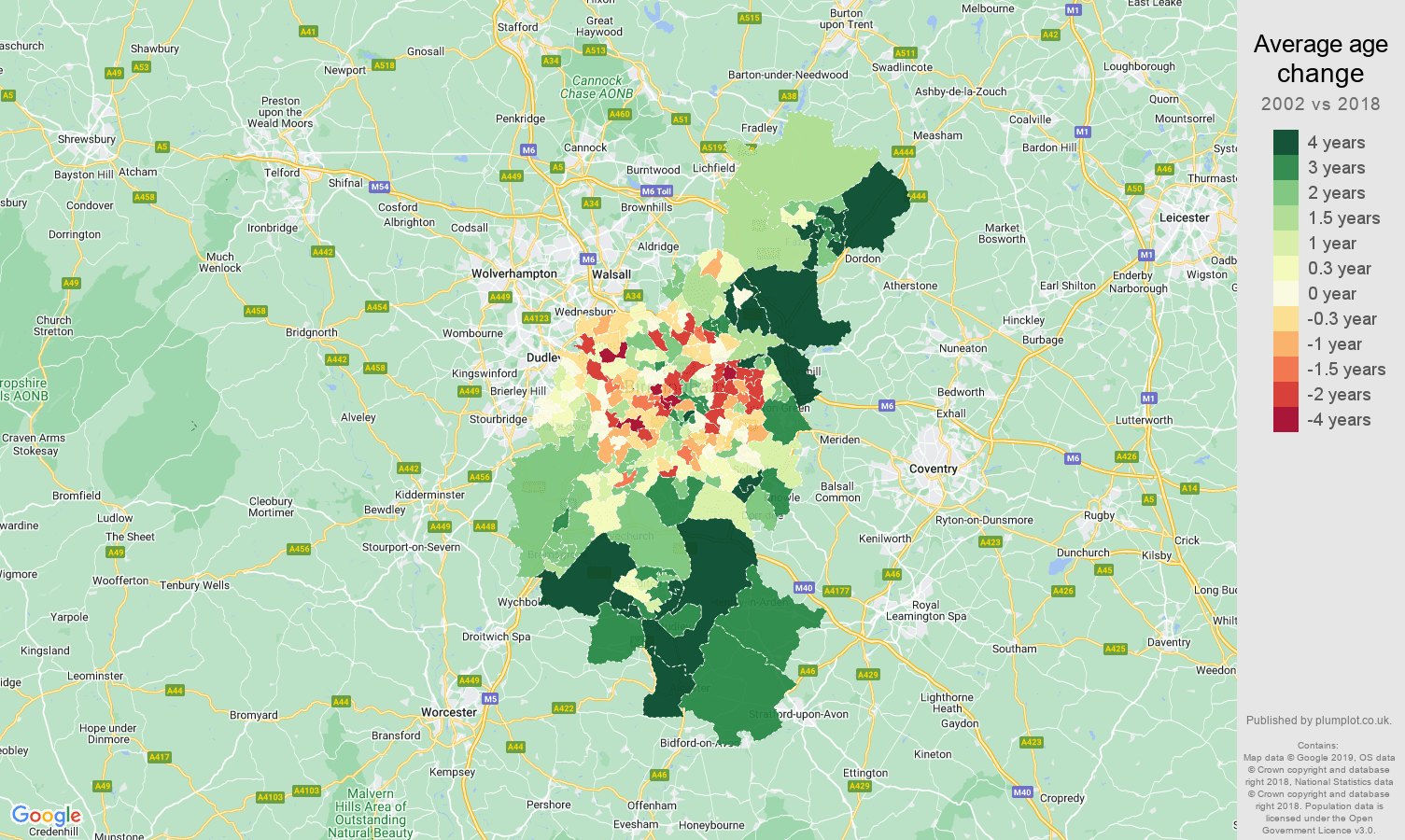 Birmingham average age change map