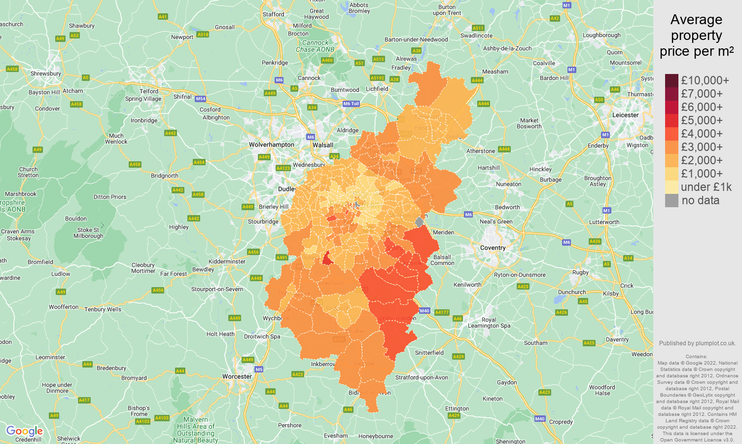 Birmingham house prices per square metre map