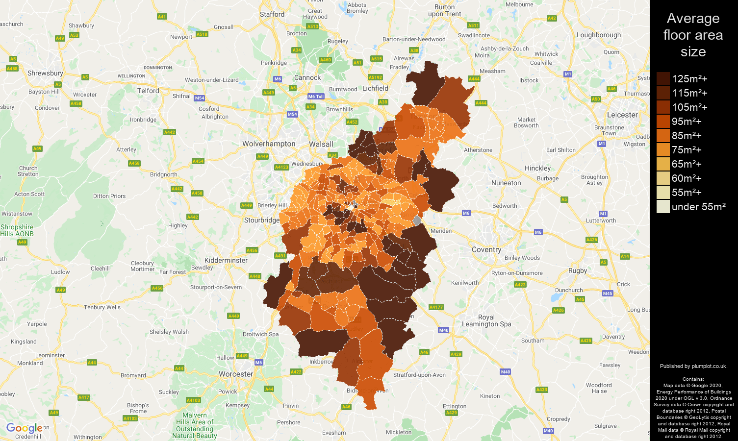 Birmingham map of average floor area size of houses