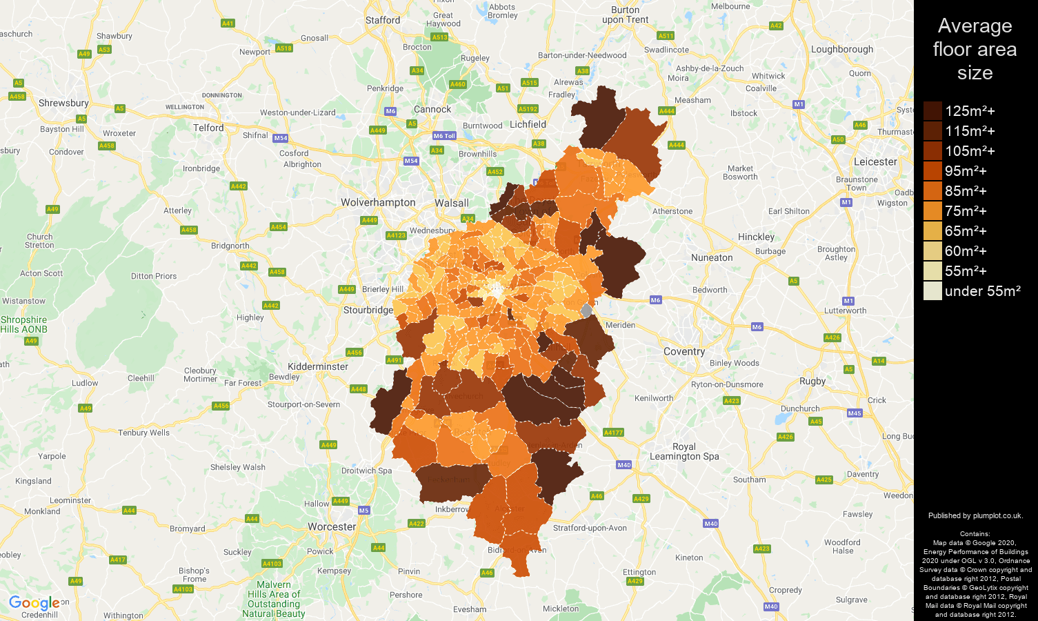 Birmingham map of average floor area size of properties
