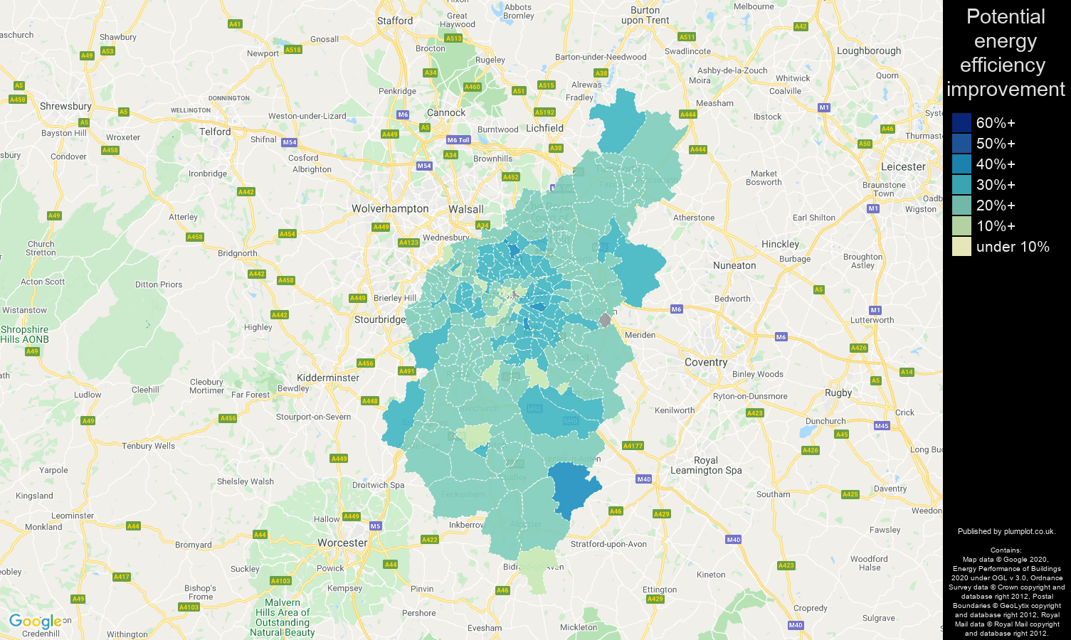 Birmingham map of potential energy efficiency improvement of houses