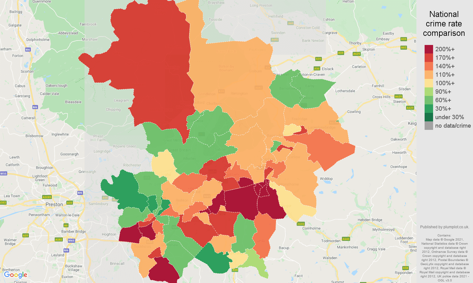 Blackburn burglary crime rate comparison map