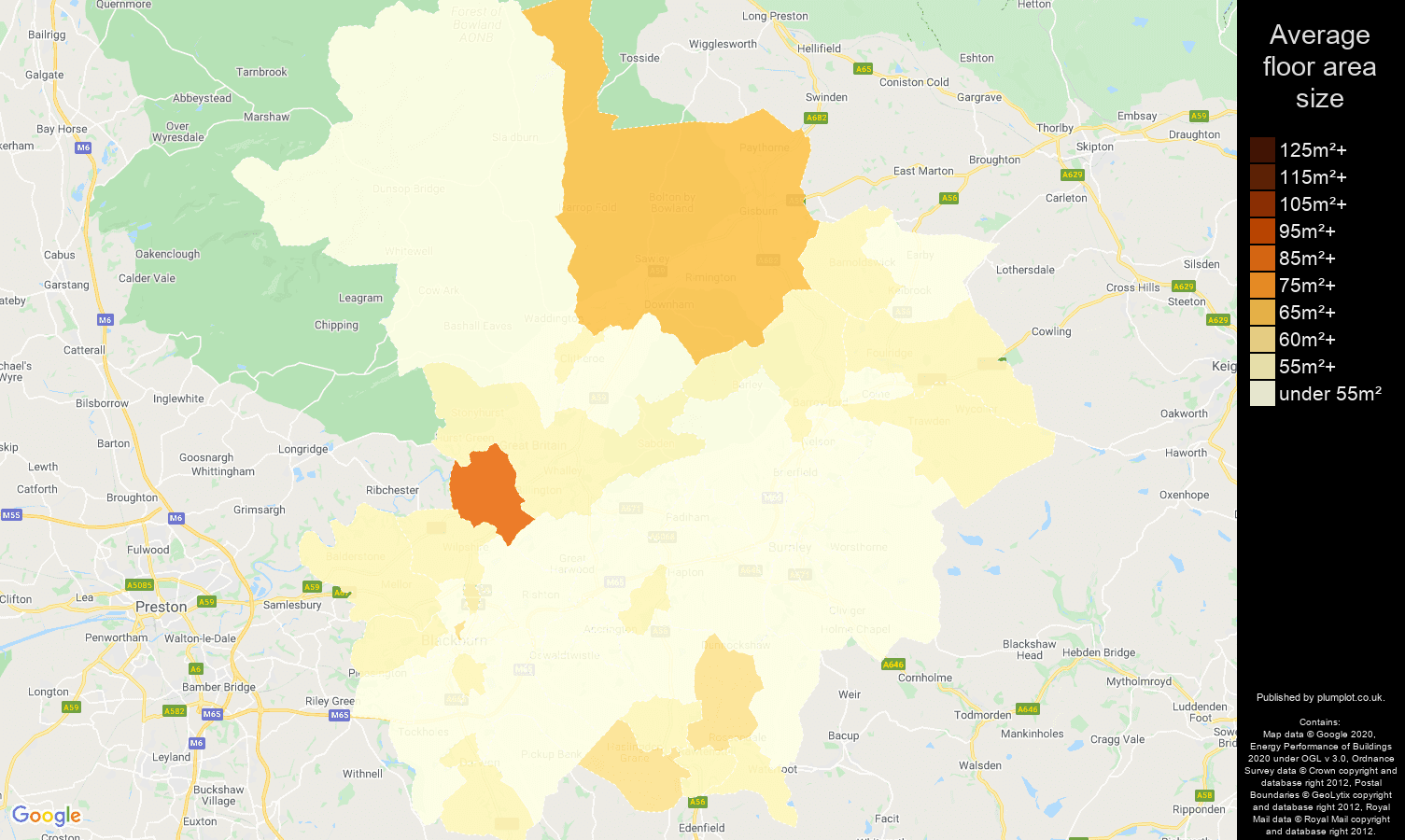 Blackburn map of average floor area size of flats