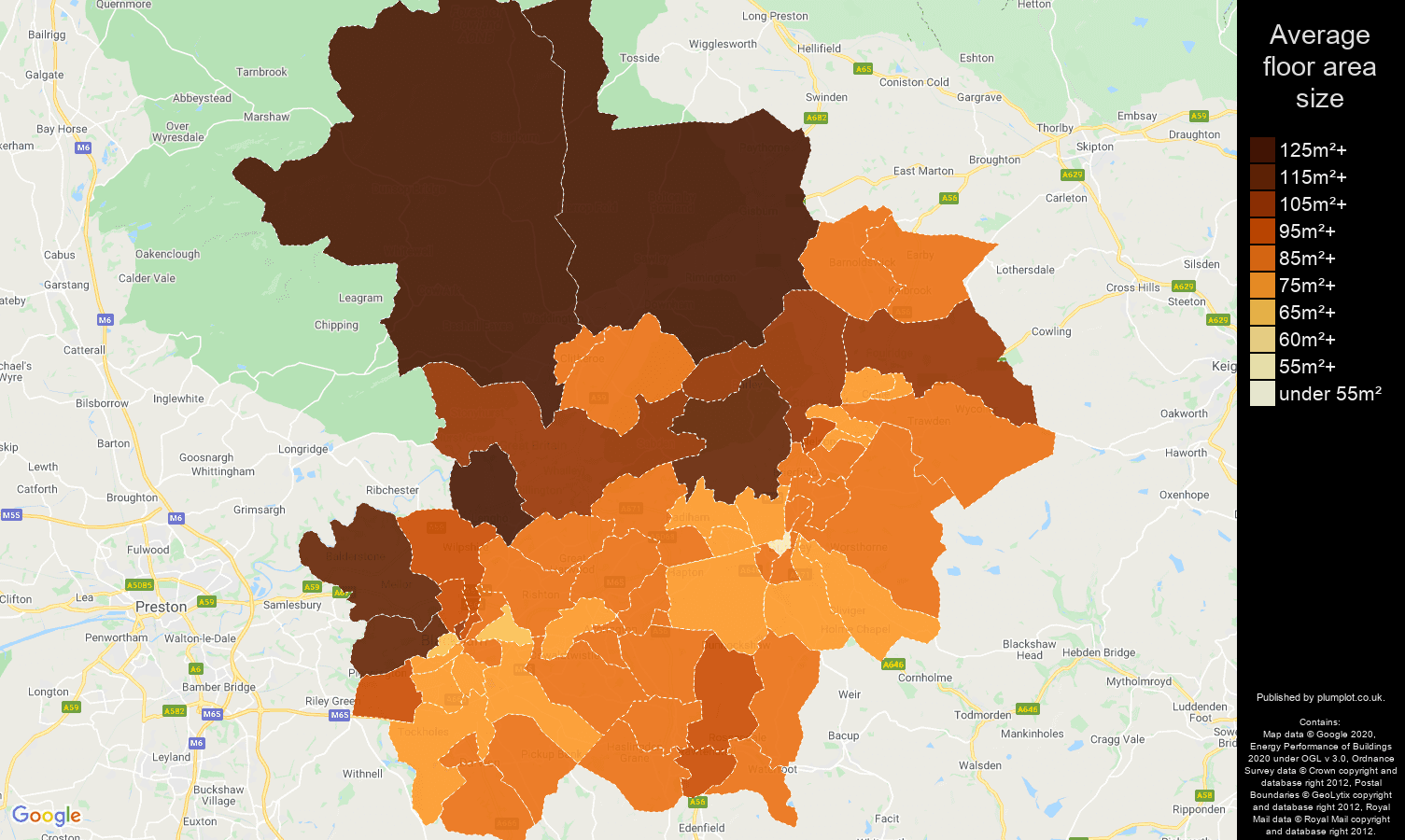 Blackburn map of average floor area size of properties