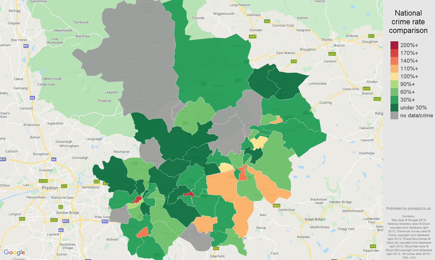 Blackburn possession of weapons crime rate comparison map