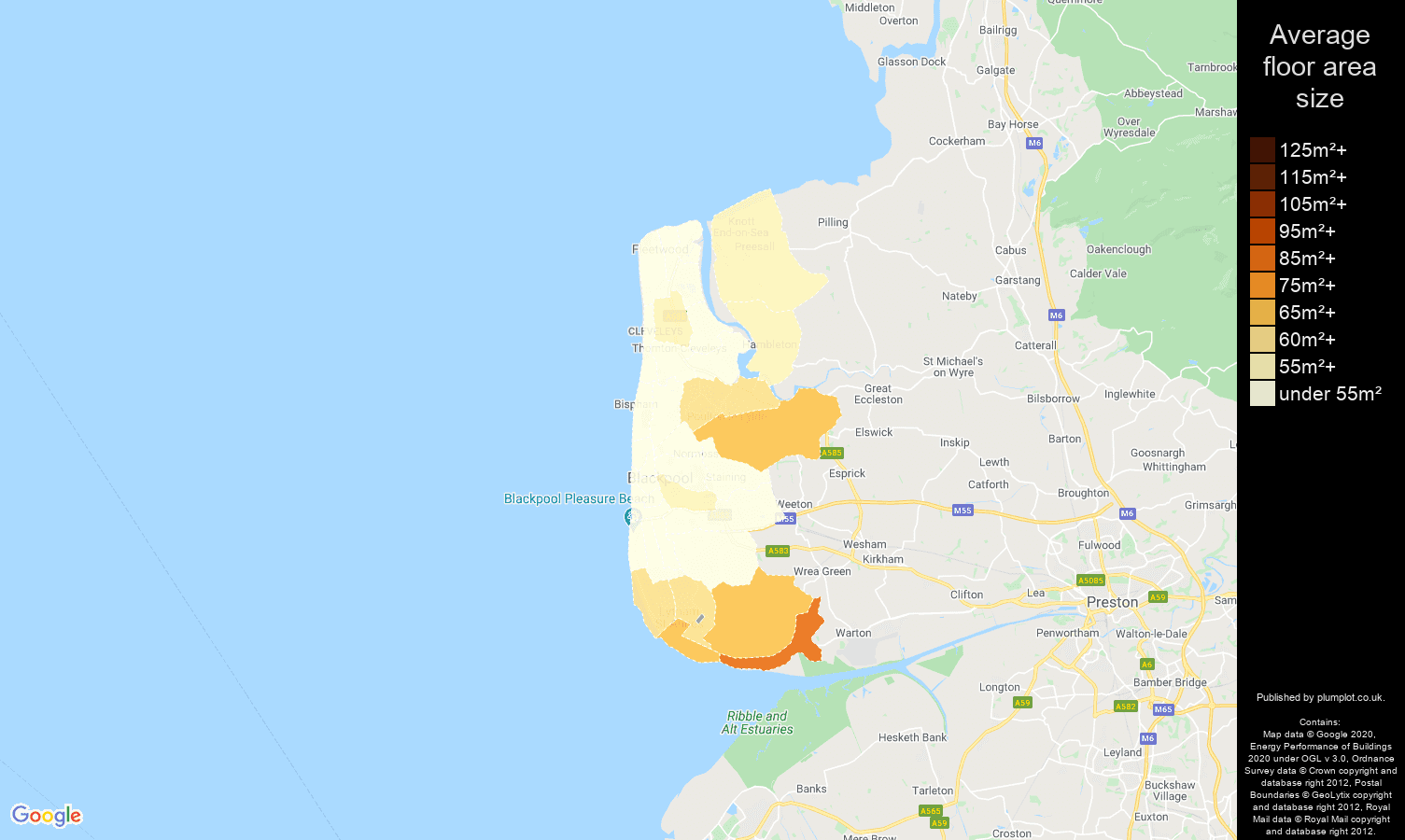 Blackpool map of average floor area size of flats