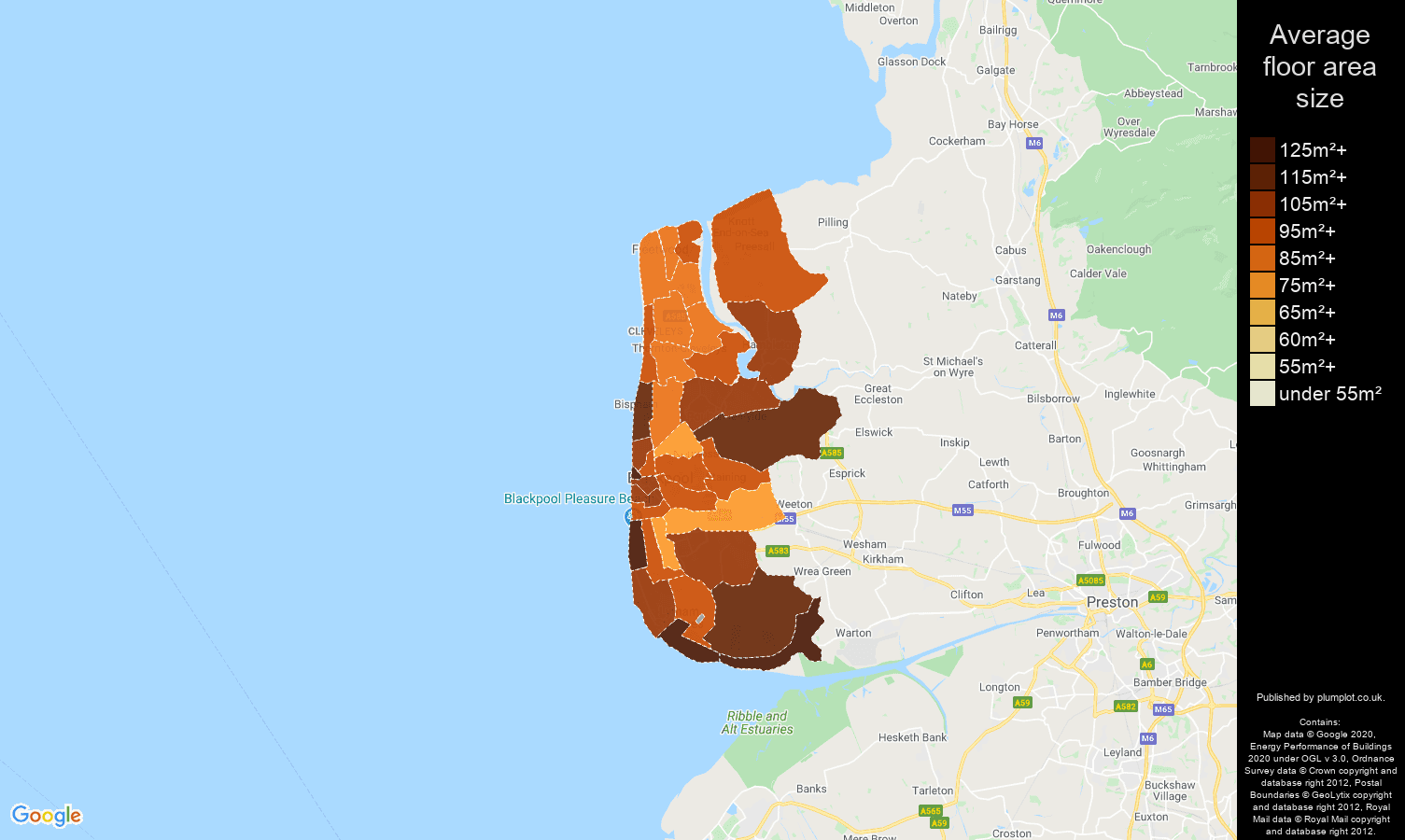 Blackpool map of average floor area size of houses