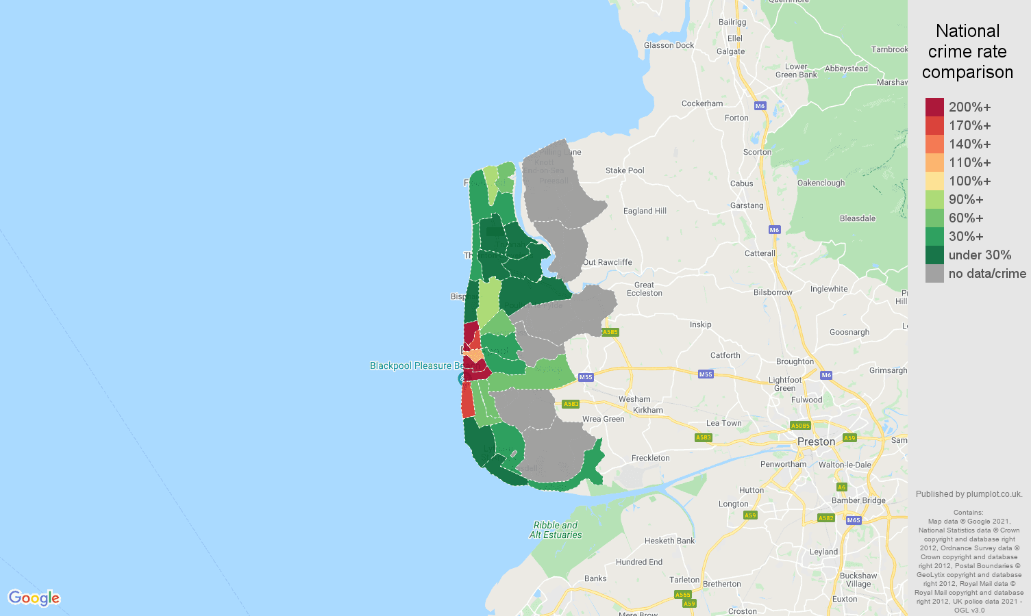 Blackpool robbery crime rate comparison map