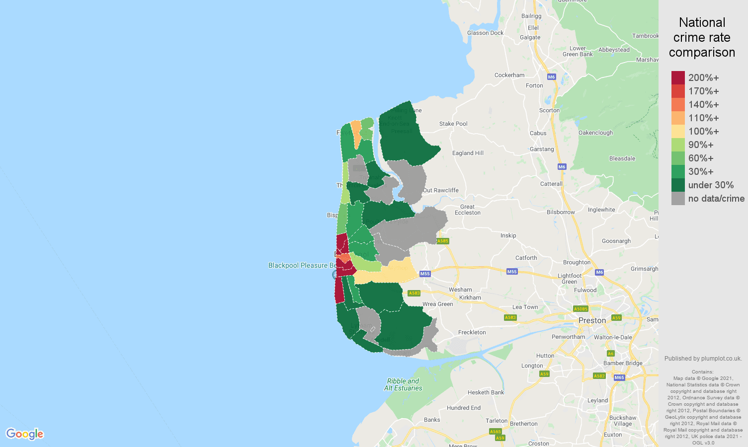 Blackpool theft from the person crime rate comparison map