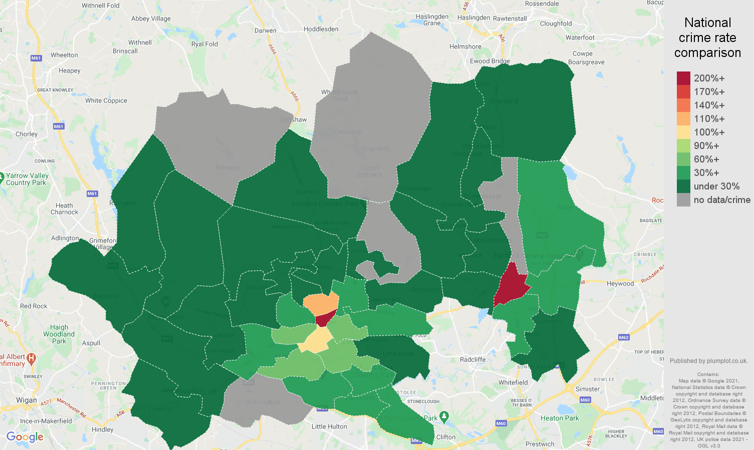 Bolton bicycle theft crime rate comparison map