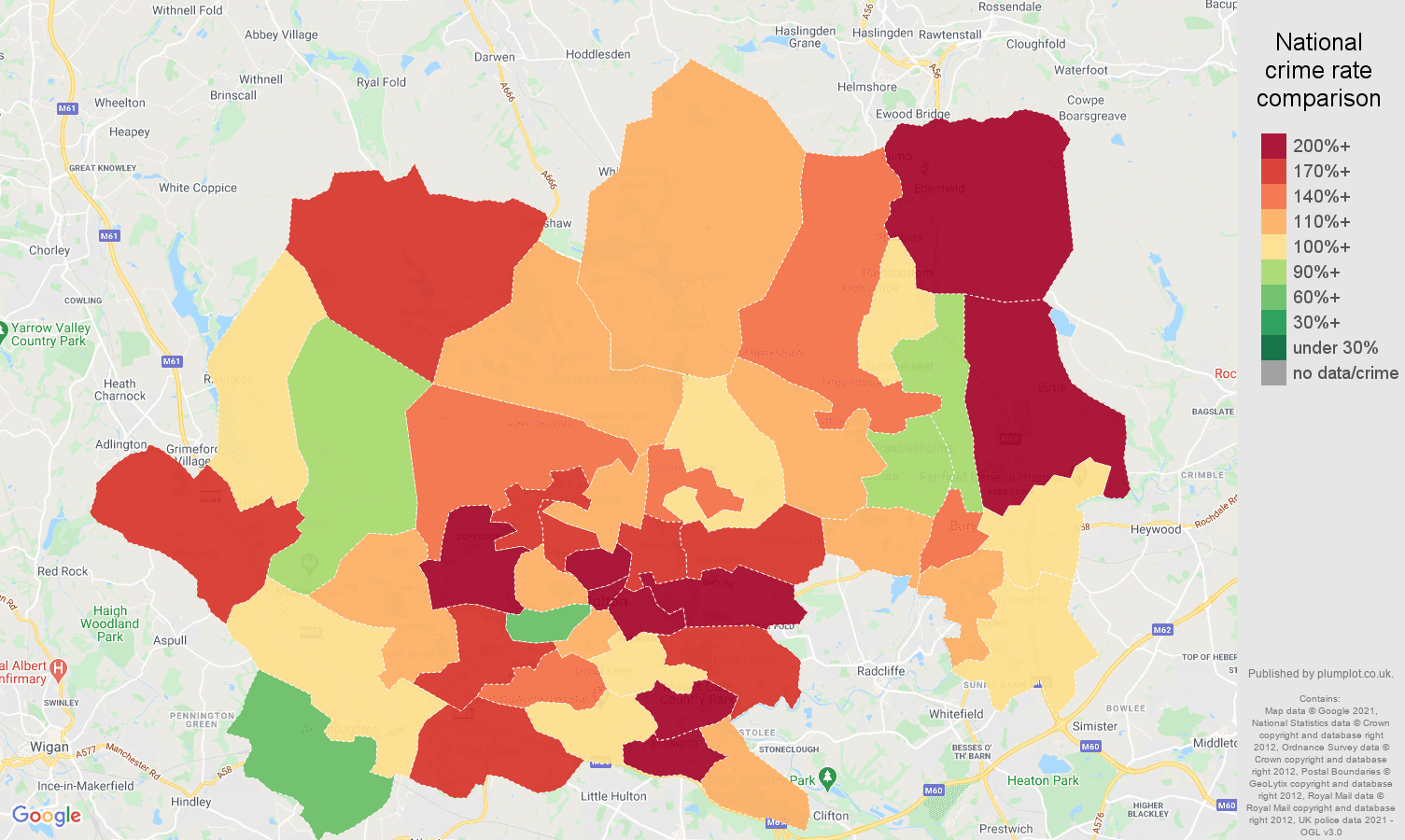 Bolton burglary crime rate comparison map