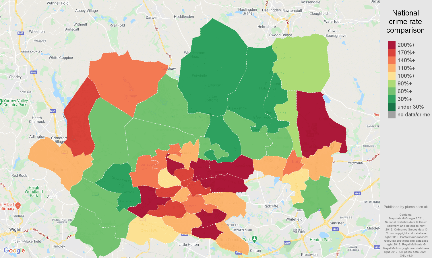 Bolton criminal damage and arson crime rate comparison map