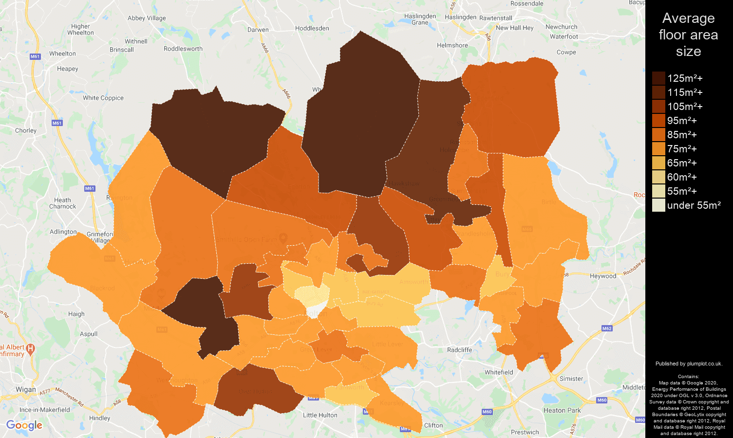 Bolton map of average floor area size of properties