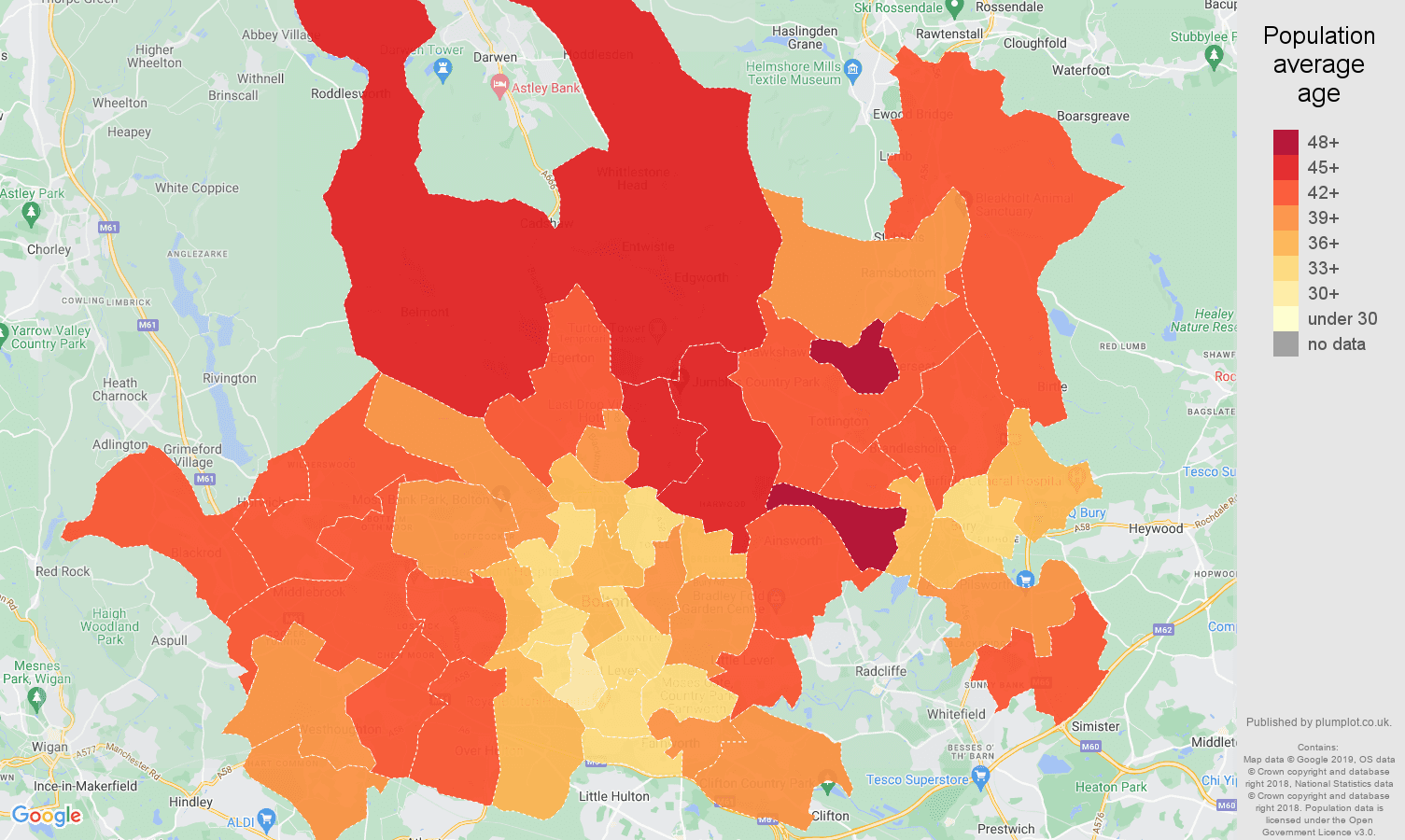 Bolton population average age map