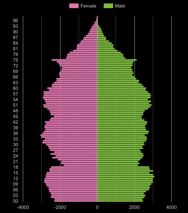 Bolton population pyramid by year