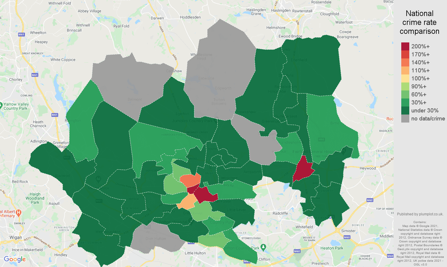 Bolton theft from the person crime rate comparison map