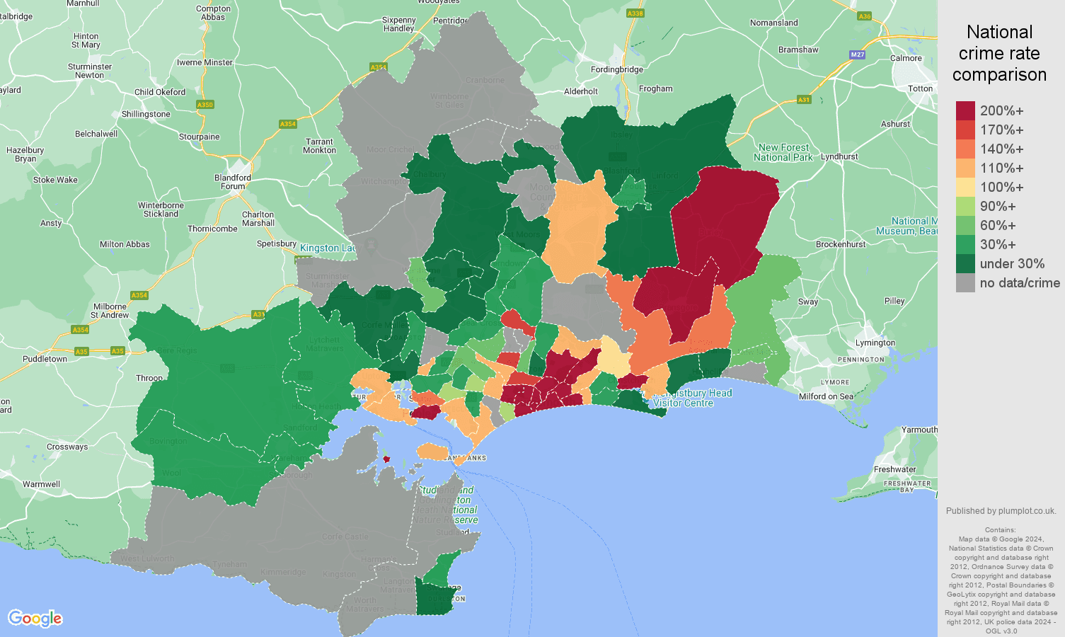 Bournemouth bicycle theft crime rate comparison map