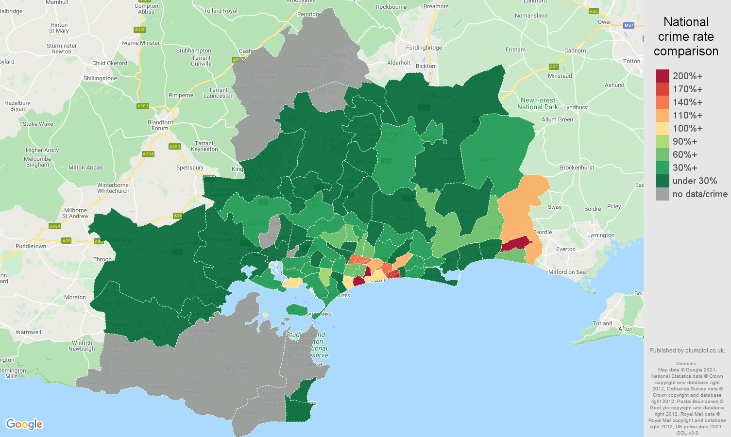 Bournemouth drugs crime rate comparison map