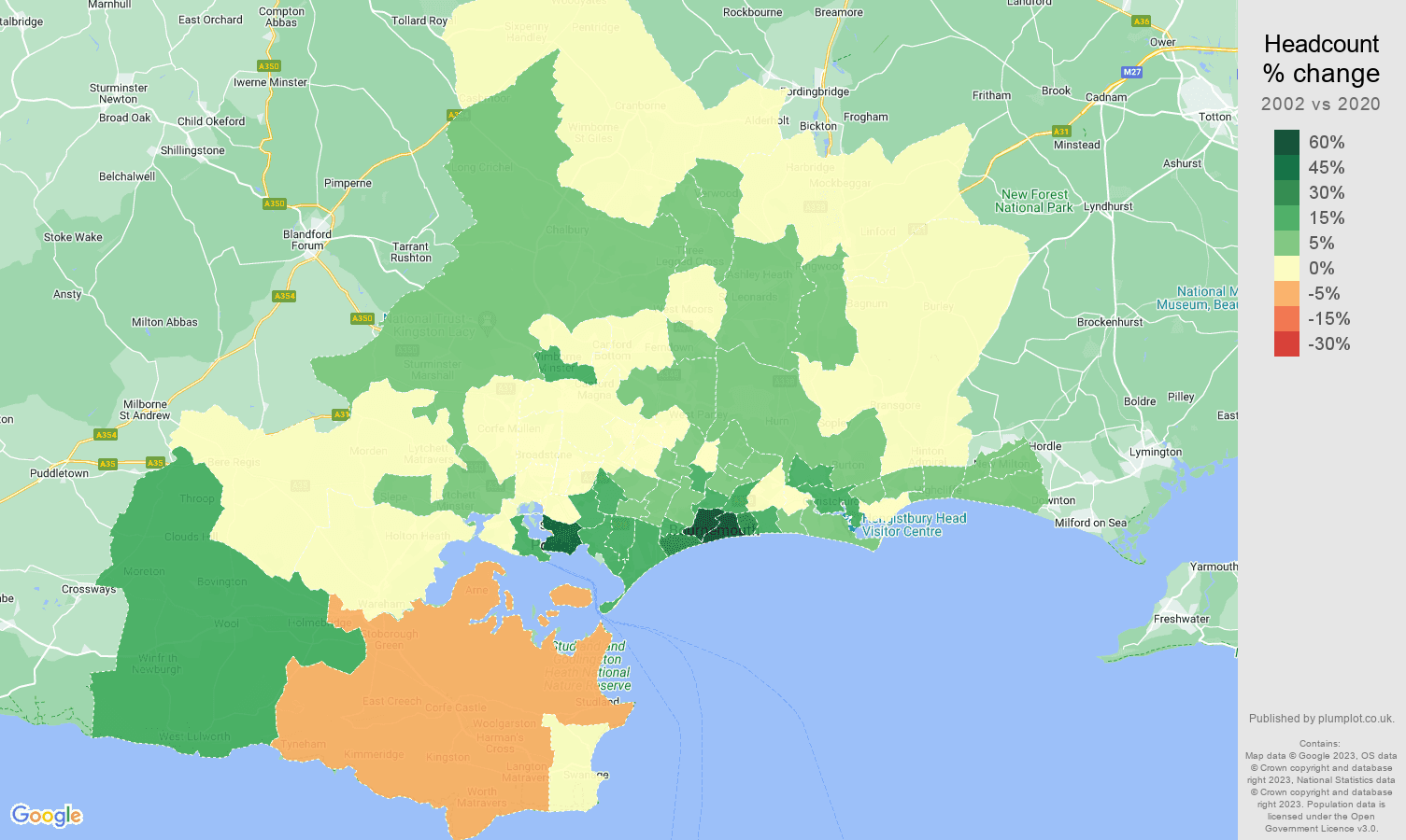 Bournemouth headcount change map
