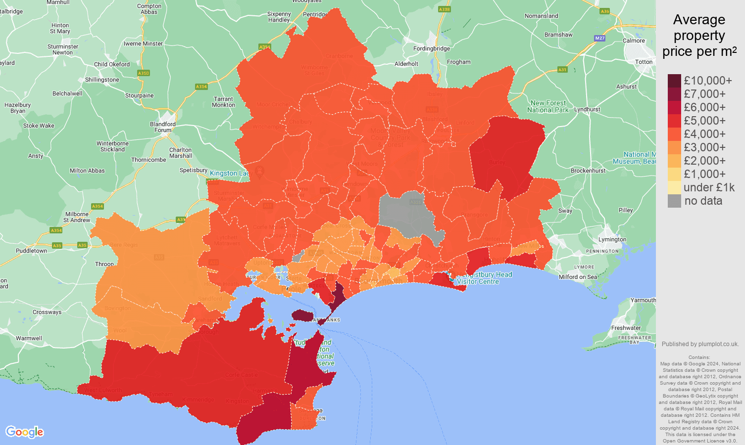 Bournemouth house prices per square metre map
