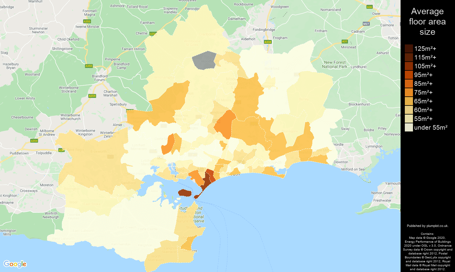 Bournemouth map of average floor area size of flats