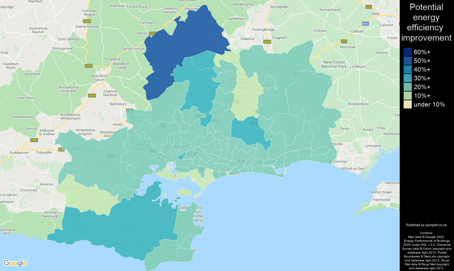Bournemouth map of potential energy efficiency improvement of houses