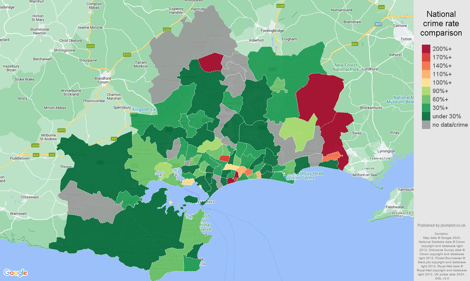 Bournemouth possession of weapons crime rate comparison map