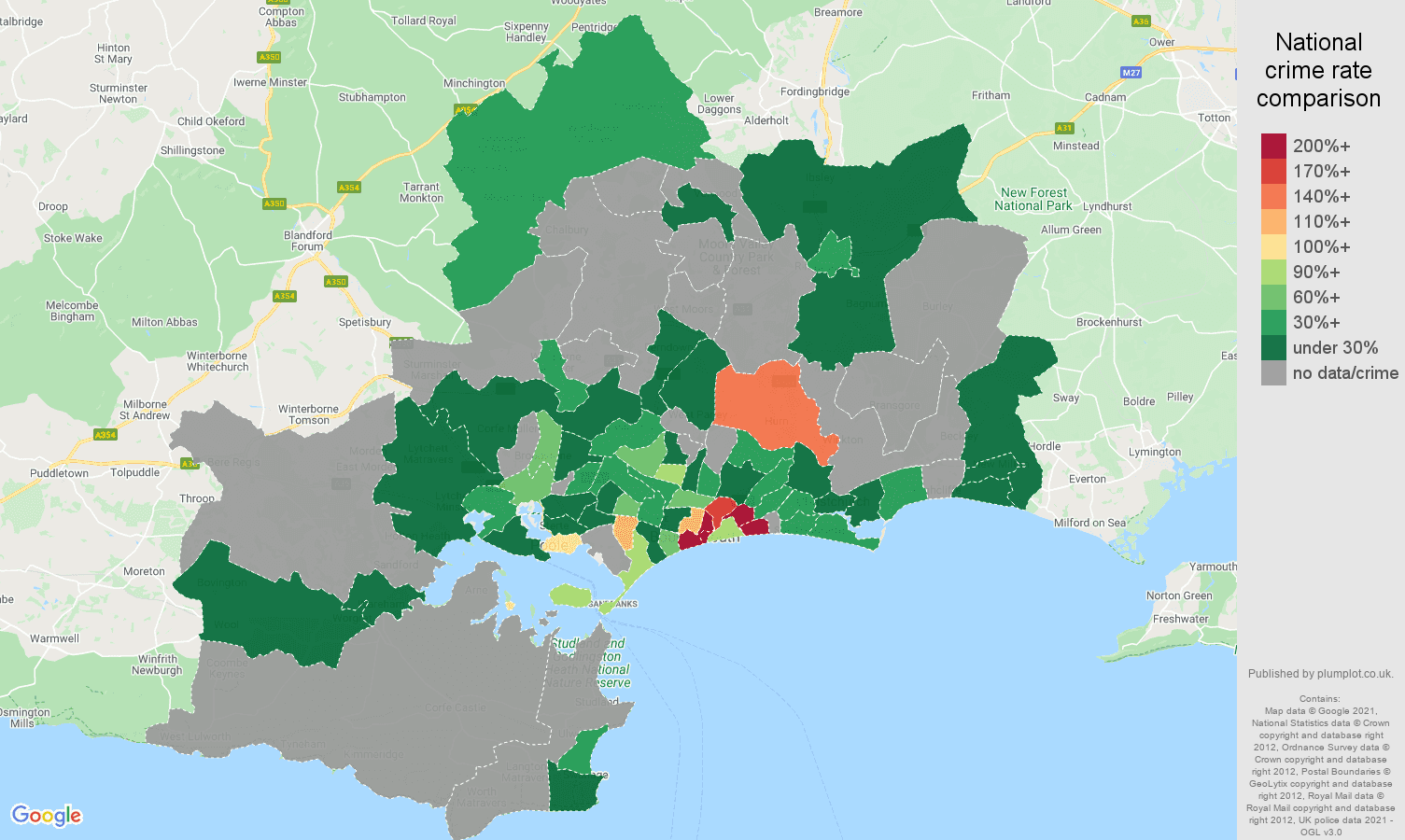 Bournemouth theft from the person crime rate comparison map