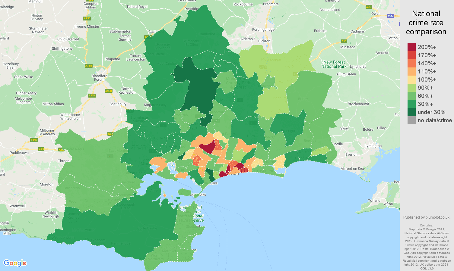 Bournemouth violent crime rate comparison map