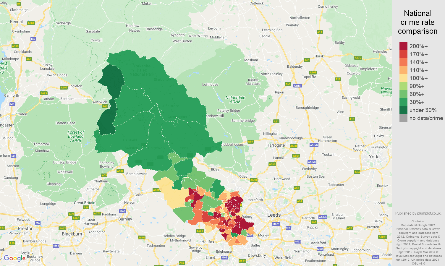 Bradford criminal damage and arson crime rate comparison map