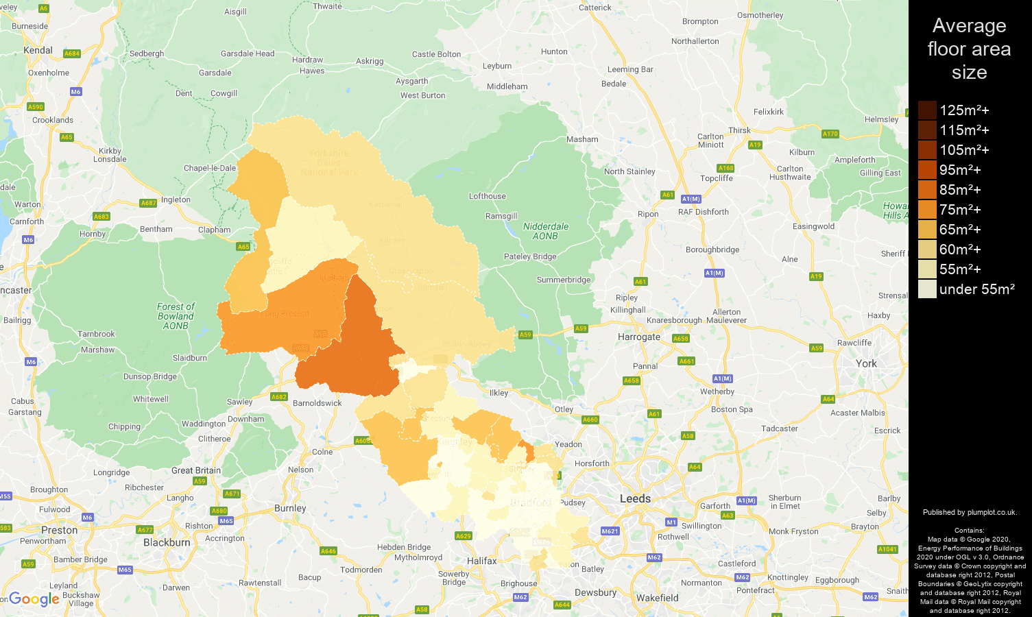 Bradford map of average floor area size of flats
