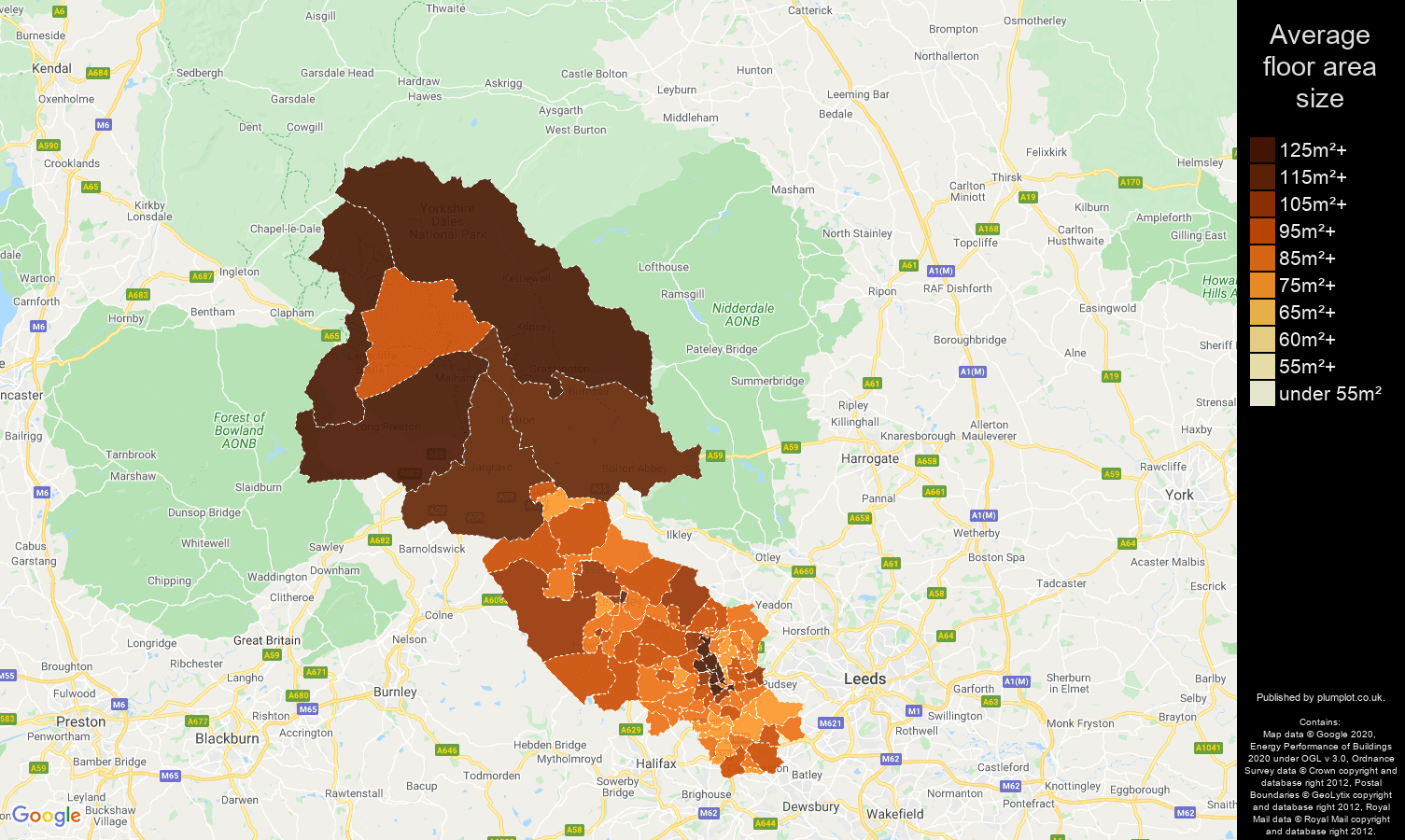 Bradford map of average floor area size of houses